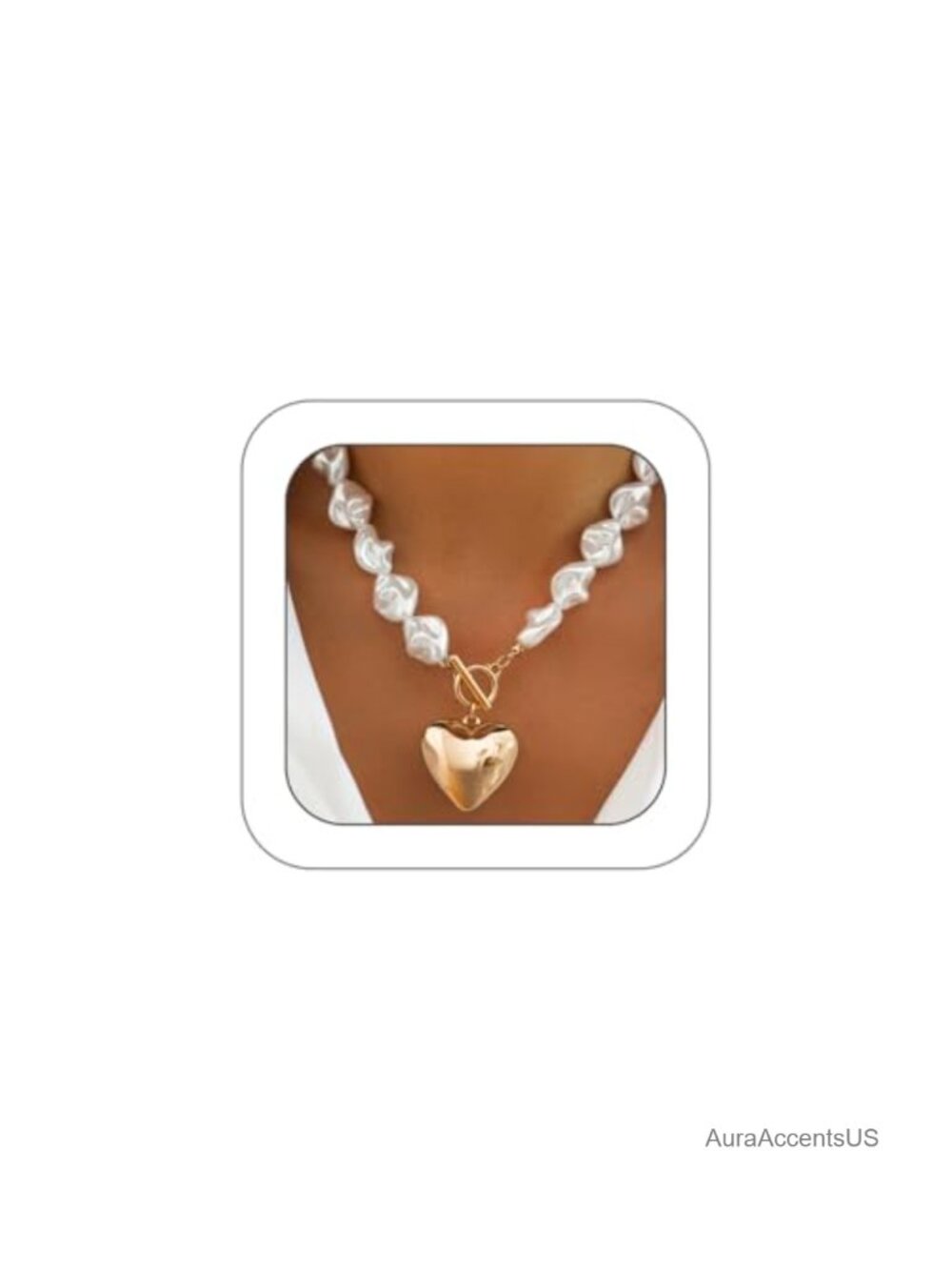 Chunky Gold Plated Heart Pendant Necklace with Oversized Baroque Pearls